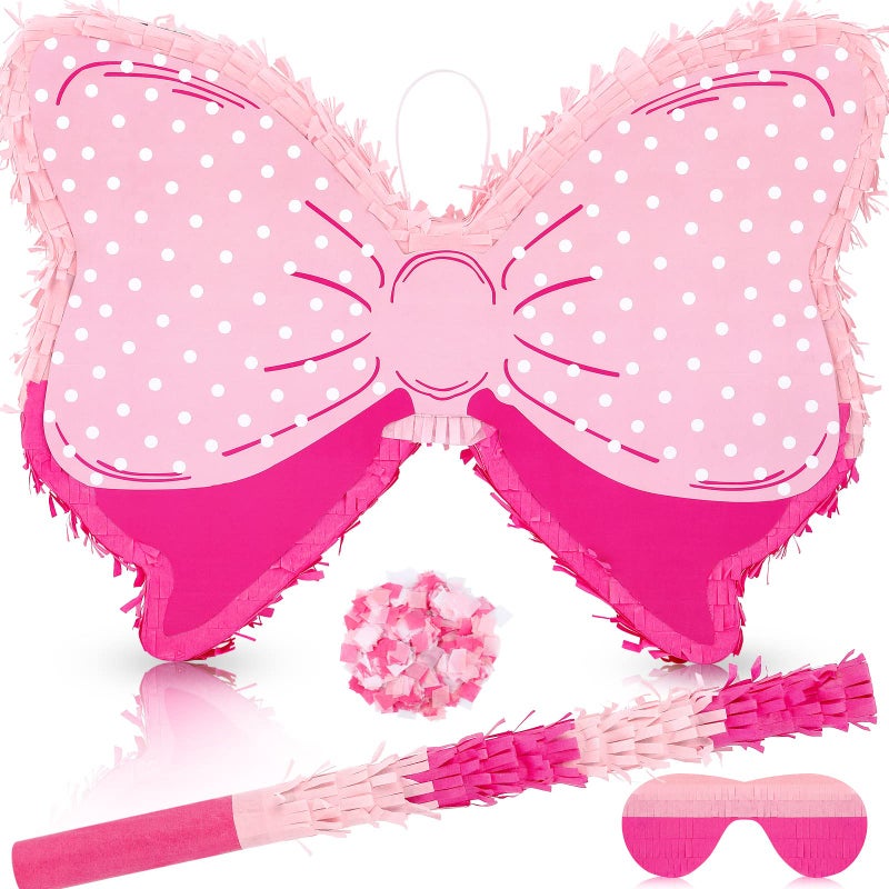 Hungdao Pink Bow Piata for Girl Birthday Party Pinatas Party Decorative Bowtie Piata with Wooden Stick Blindfold Confetti Set Pink Coquette Birthday Baby School Wedding SuppliesPolka Dot Bow - Image 2