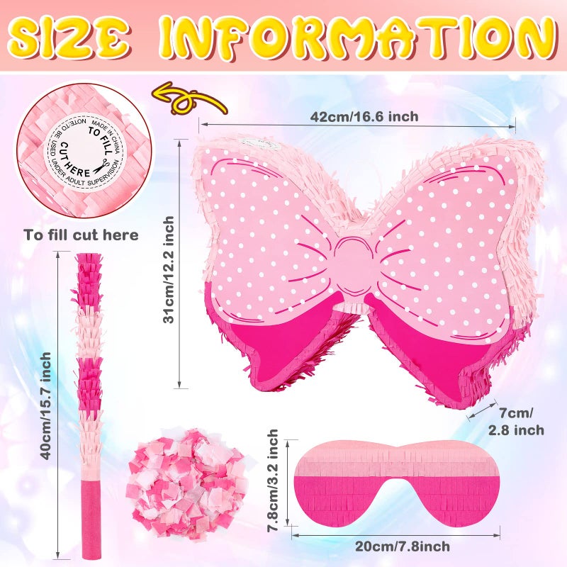 Hungdao Pink Bow Piata for Girl Birthday Party Pinatas Party Decorative Bowtie Piata with Wooden Stick Blindfold Confetti Set Pink Coquette Birthday Baby School Wedding SuppliesPolka Dot Bow - Image 3