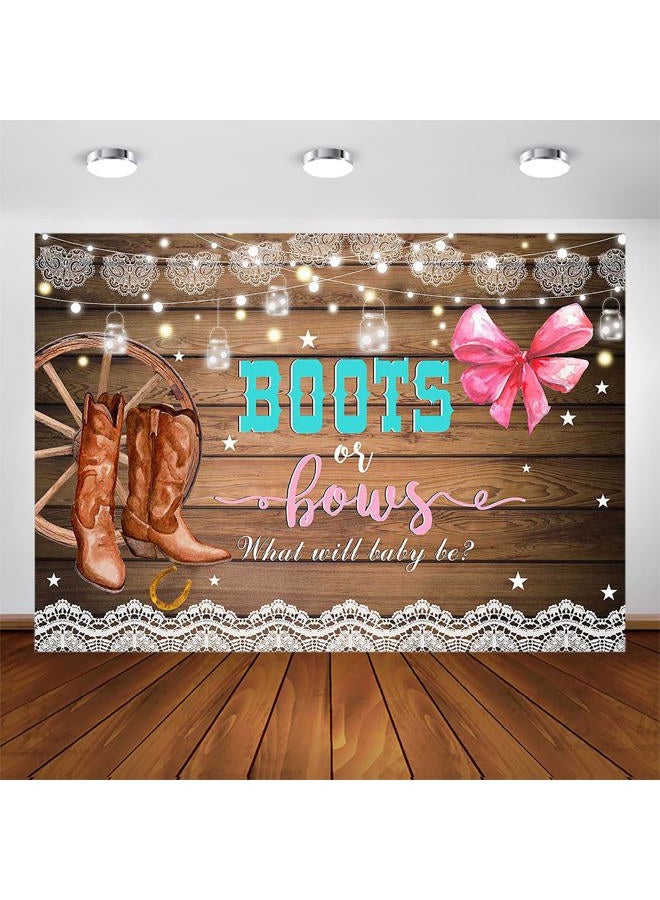 Avezano Boots or Bows Gender Reveal Backdrop Rustic Wooden Cowboy Boots Gender Reveal Party Decorations Boy or Girl Baby Shower Photography Background Cake Table Banner (6x5ft) - Image 1