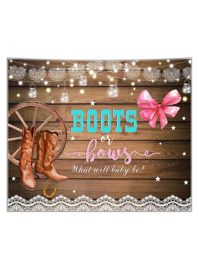 Avezano Boots or Bows Gender Reveal Backdrop Rustic Wooden Cowboy Boots Gender Reveal Party Decorations Boy or Girl Baby Shower Photography Background Cake Table Banner (6x5ft) - Image 2
