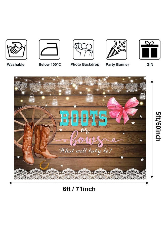 Avezano Boots or Bows Gender Reveal Backdrop Rustic Wooden Cowboy Boots Gender Reveal Party Decorations Boy or Girl Baby Shower Photography Background Cake Table Banner (6x5ft) - Image 3
