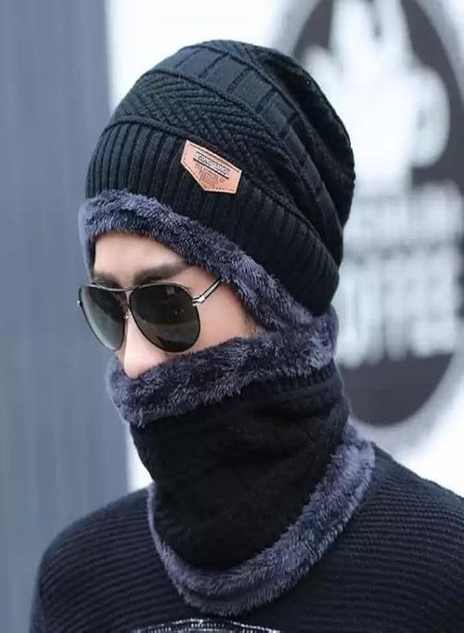 ELRINZA Winter Beanie Cap and Neck Warmer Scarf Set for Men & Women - Fleece Lined Woolen Knit Hat with Muffler | Thermal Warm Skull Cap Combo (Free Size, Black) - Image 3