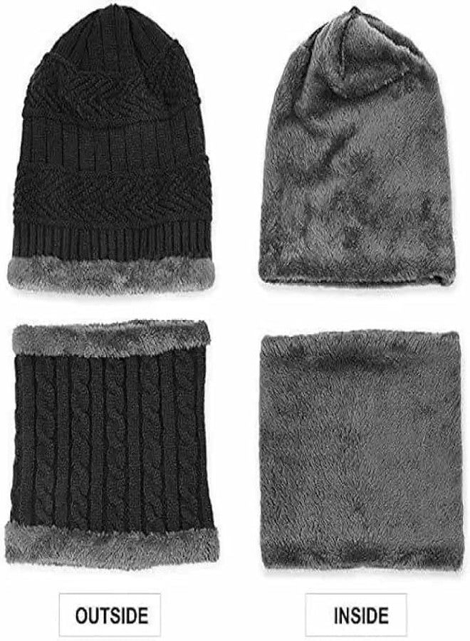 ELRINZA Winter Beanie Cap and Neck Warmer Scarf Set for Men & Women - Fleece Lined Woolen Knit Hat with Muffler | Thermal Warm Skull Cap Combo (Free Size, Black) - Image 4