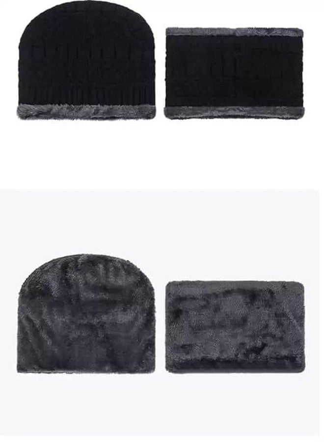 ELRINZA Winter Beanie Cap and Neck Warmer Scarf Set for Men & Women - Fleece Lined Woolen Knit Hat with Muffler | Thermal Warm Skull Cap Combo (Free Size, Black) - Image 5