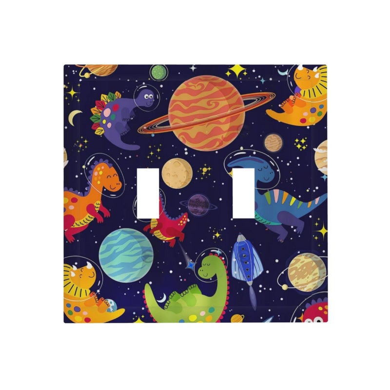 IOFNG Ocean Blue Cute Cartoon Dino Kids Dinosaur 2 Gang Double Toggle Outlet Light Switch Wall Plate Outlet Cover Astronaut Universe Galaxy Outer Space Planet Nebula Boys Electrical Faceplate Switchplate - Image 2
