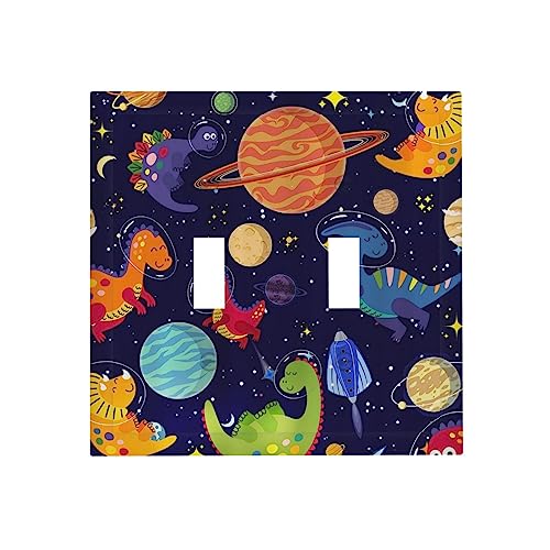 IOFNG Ocean Blue Cute Cartoon Dino Kids Dinosaur 2 Gang Double Toggle Outlet Light Switch Wall Plate Outlet Cover Astronaut Universe Galaxy Outer Space Planet Nebula Boys Electrical Faceplate Switchplate - Image 1