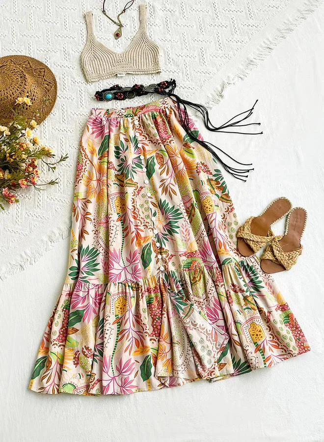 تايك تو Women's Floral Printed Button Front Split Hem Midi Skirt