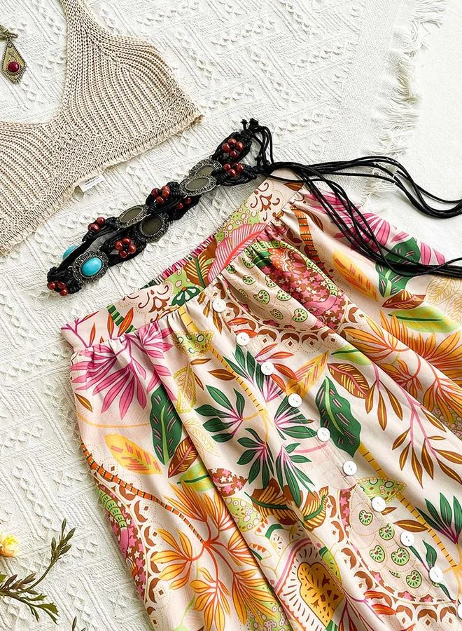 تايك تو Women's Floral Printed Button Front Split Hem Midi Skirt