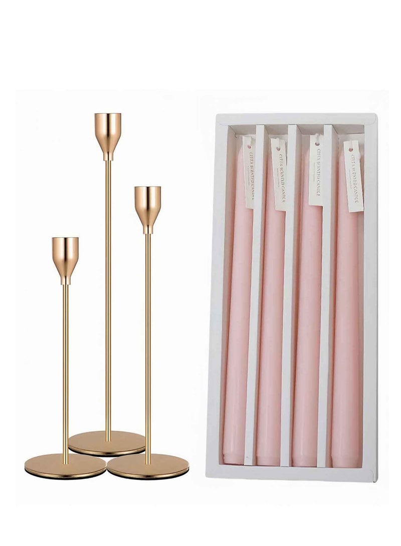 3-Piece Golden Metal Candle Holder Set with 4 Pink Rose Scented Candles, Elegant Home Decor - Image 1