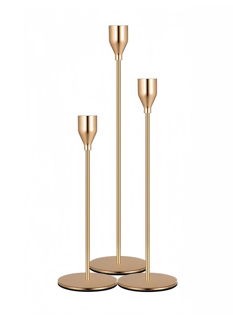 3-Piece Golden Metal Candle Holder Set with 4 Pink Rose Scented Candles, Elegant Home Decor - Image 2