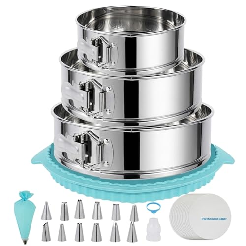 Aufind Springform Pan Set for Baking 7910inches 304 Stainless Steel Springform Cake Pan with Removable Bottom Cheesecake Pan with 50PCS Parchment Paper for Pie Cake Pizza and Quiches - Image 1