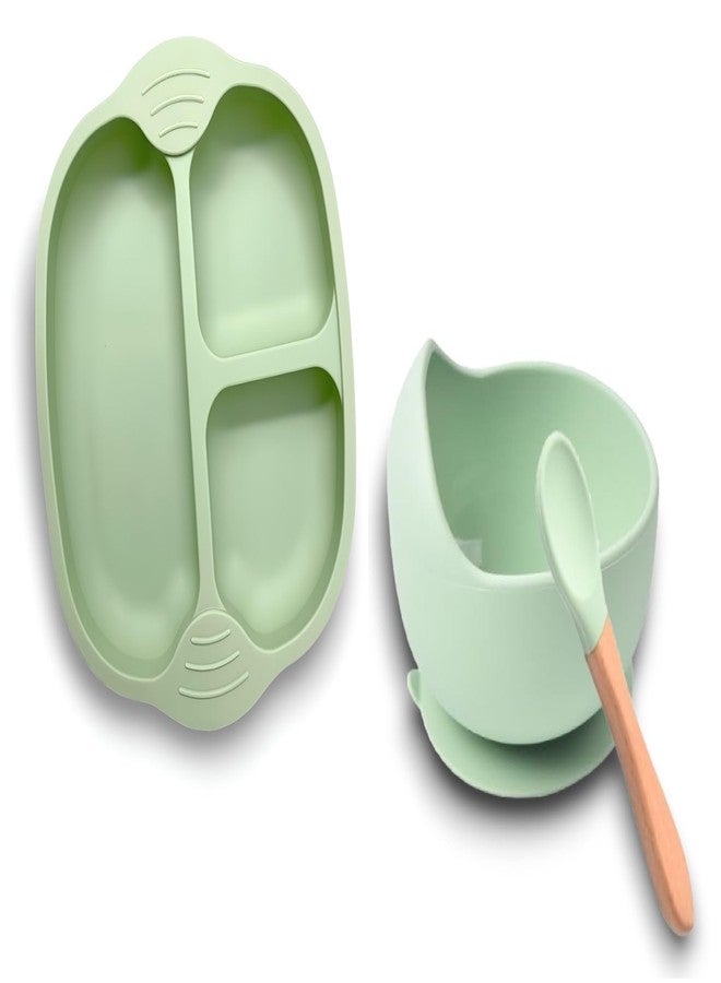 YOMITH Silicone Baby Food Dish and Bowl with Wooden Handle Spoon, Flexible Food-Grade Silicone, Super Suction Base, Non-Slip, Kids Training Feeding Tableware (Green 3 PCS Set) - Image 1
