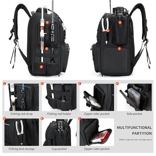 Rabjen Fishing Tackle Backpack with Rod Holders, Bottle Holder, Storage Bag Store Fishing Gear - Image 4