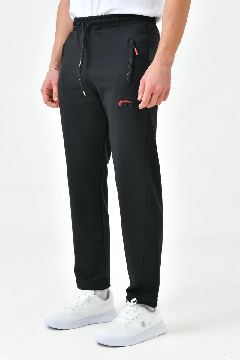كرامب سبورت Men's Pocket Embroidered Zippered Black Straight Leg Tracksuit Bottoms