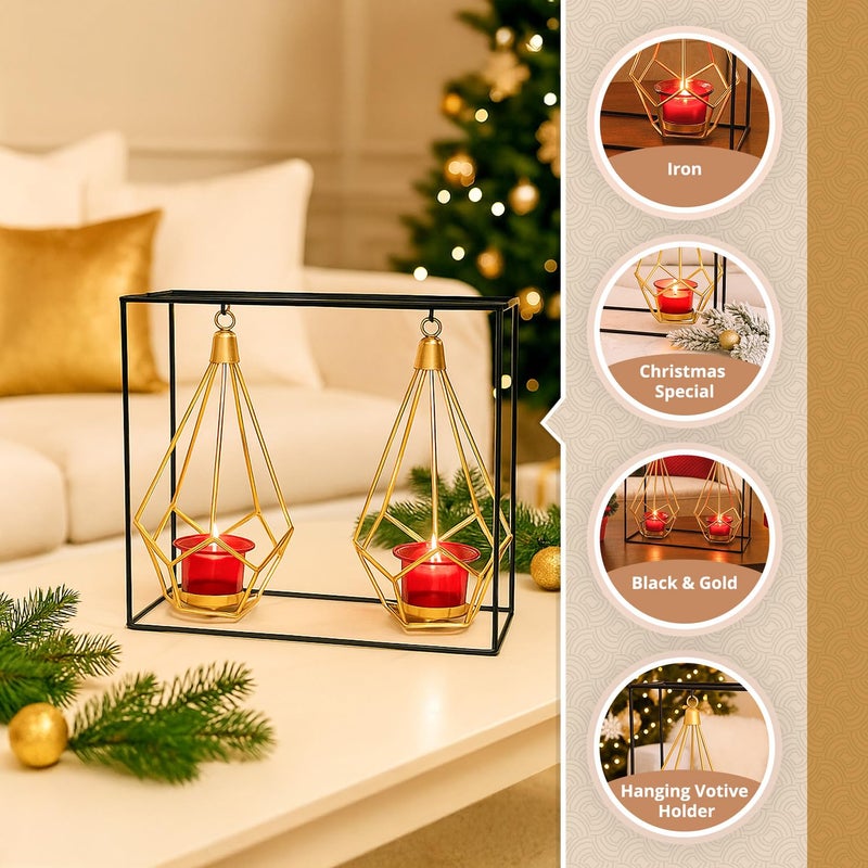 MARKET 99 Nordic Style 2 Pcs Hanging Cage T-Light Holder with Stand | Black Metal Rectangular Frame with Diamond Holders | Perfect for Home, Xmas & Christmas Décor, Living Room & Festive Decoration - Image 2