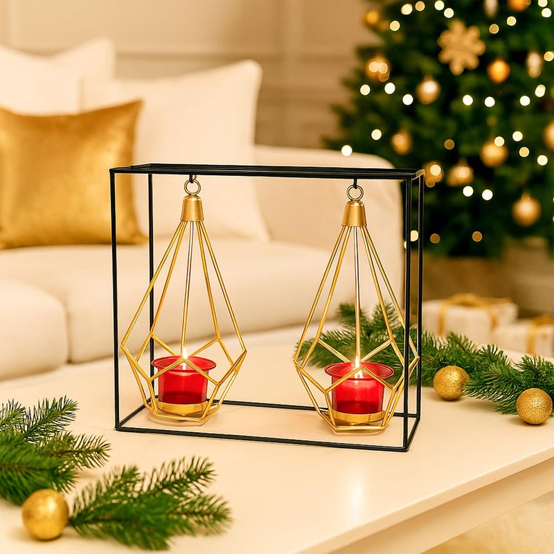 MARKET 99 Nordic Style 2 Pcs Hanging Cage T-Light Holder with Stand | Black Metal Rectangular Frame with Diamond Holders | Perfect for Home, Xmas & Christmas Décor, Living Room & Festive Decoration - Image 1