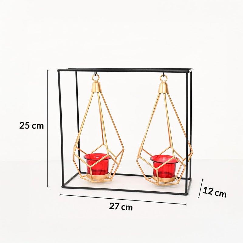 MARKET 99 Nordic Style 2 Pcs Hanging Cage T-Light Holder with Stand | Black Metal Rectangular Frame with Diamond Holders | Perfect for Home, Xmas & Christmas Décor, Living Room & Festive Decoration - Image 3