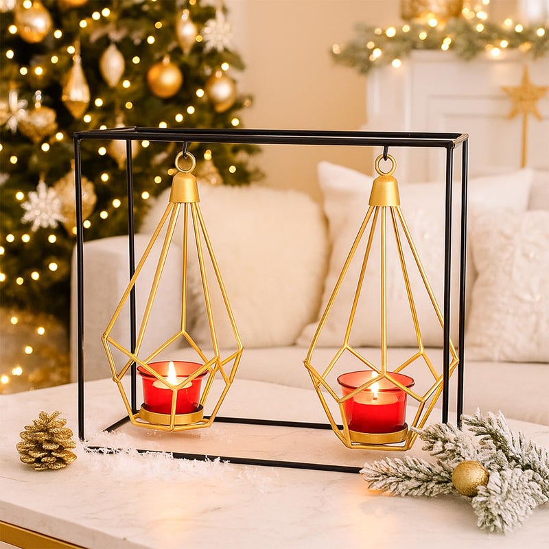 MARKET 99 Nordic Style 2 Pcs Hanging Cage T-Light Holder with Stand | Black Metal Rectangular Frame with Diamond Holders | Perfect for Home, Xmas & Christmas Décor, Living Room & Festive Decoration - Image 5