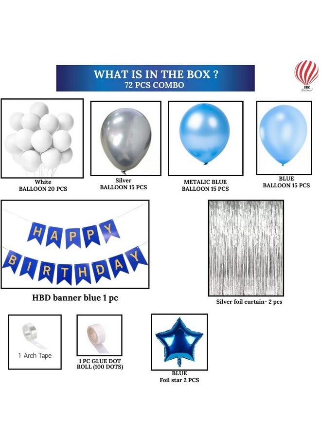 هونج كونج بالونز - مجموعة ديكورات حفلات أعياد الميلاد من HK Balloons مكونة من 72 قطعة للأولاد مع ستائر من رقائق الفضة وبالونات معدنية ولافتة زرقاء للزوج وزينة أعياد ميلاد الأولاد - Image 1
