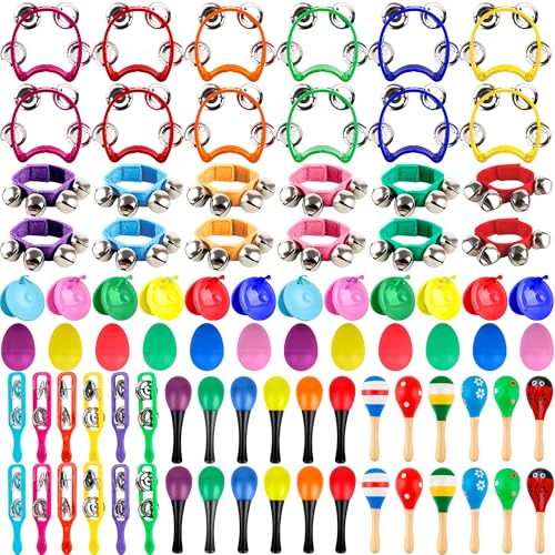 Swakuta 84 Pcs Shaker Musical Instruments Set including 12 Plastic Handheld Tambourine Bells 12 Colorful Cymbal 12 Egg Shaker 24 Maracas 12 Wrist Bells with 12 Castanets for Preschool Early Music Learning Toy - Image 1
