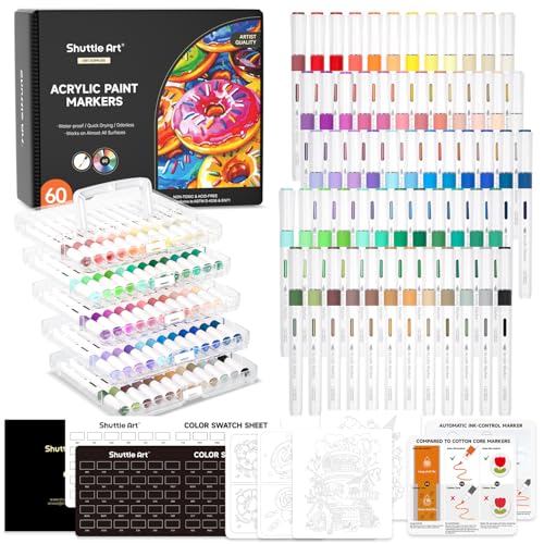 Shuttle Art Automatic Ink Control Acrylic Paint Markers, 60 Colors Brush Tip Acrylic Paint Pens for Rock Painting, Ceramic, Wood, Canvas, Glass, Stone, Fabric, Card Making, DIY & Art Supplies - Image 1