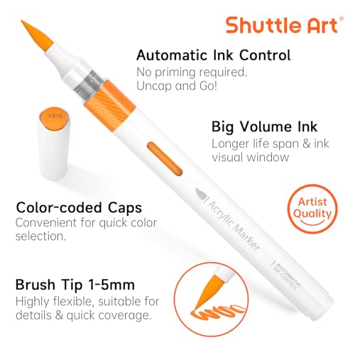 Shuttle Art Automatic Ink Control Acrylic Paint Markers, 60 Colors Brush Tip Acrylic Paint Pens for Rock Painting, Ceramic, Wood, Canvas, Glass, Stone, Fabric, Card Making, DIY & Art Supplies - Image 4