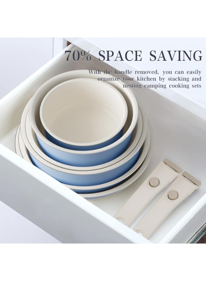 طقم حلة ومقلاة غير لاصق - أطقم أواني مطبخ بمقابض قابلة للفصل، طقم طهي للتخييم بمقابض قابلة للإزالة، آمن للفرن والشواية حتى ٥٥٠ ف، مقالي غير سامة للطهي، طقم قديم مناسب كهدية - Image 3