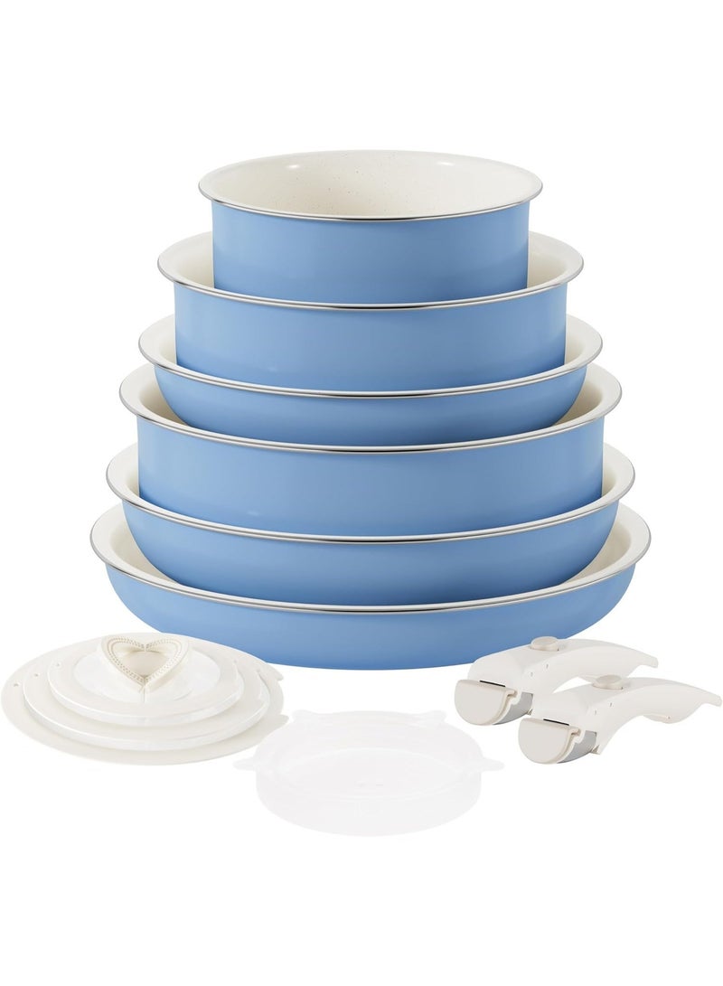 طقم حلة ومقلاة غير لاصق - أطقم أواني مطبخ بمقابض قابلة للفصل، طقم طهي للتخييم بمقابض قابلة للإزالة، آمن للفرن والشواية حتى ٥٥٠ ف، مقالي غير سامة للطهي، طقم قديم مناسب كهدية - Image 1