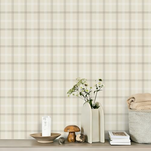 Lativo Plaid Wallpaper Peel and Stick Boho Plaid Self Adhesive Removable Wallpaper for Wall Decor Bedroom Bathroom Waterproof Gingham Neutral Checkered Contact Paper for Cabinets Nursery 78.7in 17.3in - Image 1