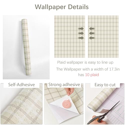 Lativo Plaid Wallpaper Peel and Stick Boho Plaid Self Adhesive Removable Wallpaper for Wall Decor Bedroom Bathroom Waterproof Gingham Neutral Checkered Contact Paper for Cabinets Nursery 78.7in 17.3in - Image 3