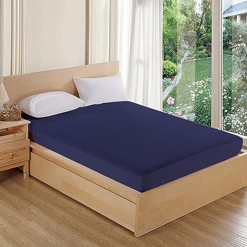 AVI Cotton Feel Terry Soft Waterproof Bed Mattress Protector Queen Size 78x60 inch | Washable Breathable Elastic Fitted Mattresses Cover for Queen Size Bed (6.5x5 feet, Navy Blue, Fit On 2-10 Inch) - Image 1