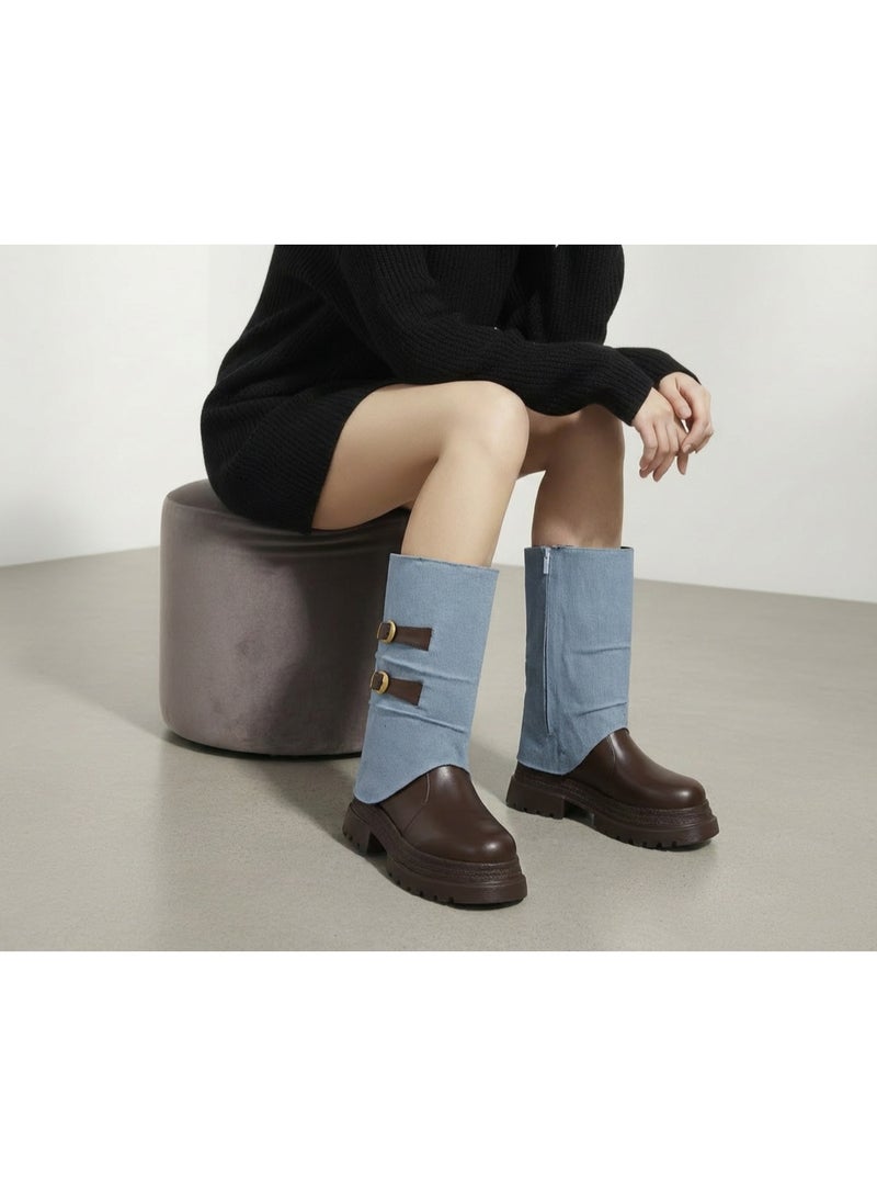 لايف ستيلاش  بوت طويل  من جلد و جينز LB-50 - بني - Image 1