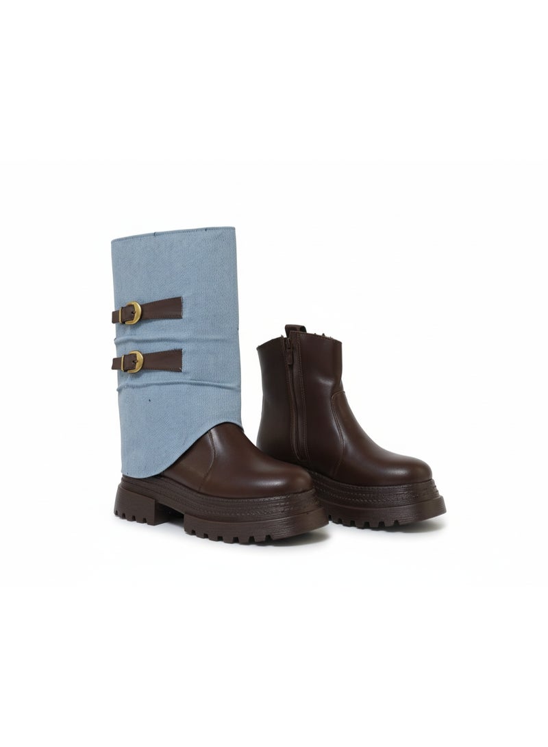 لايف ستيلاش  بوت طويل  من جلد و جينز LB-50 - بني - Image 2