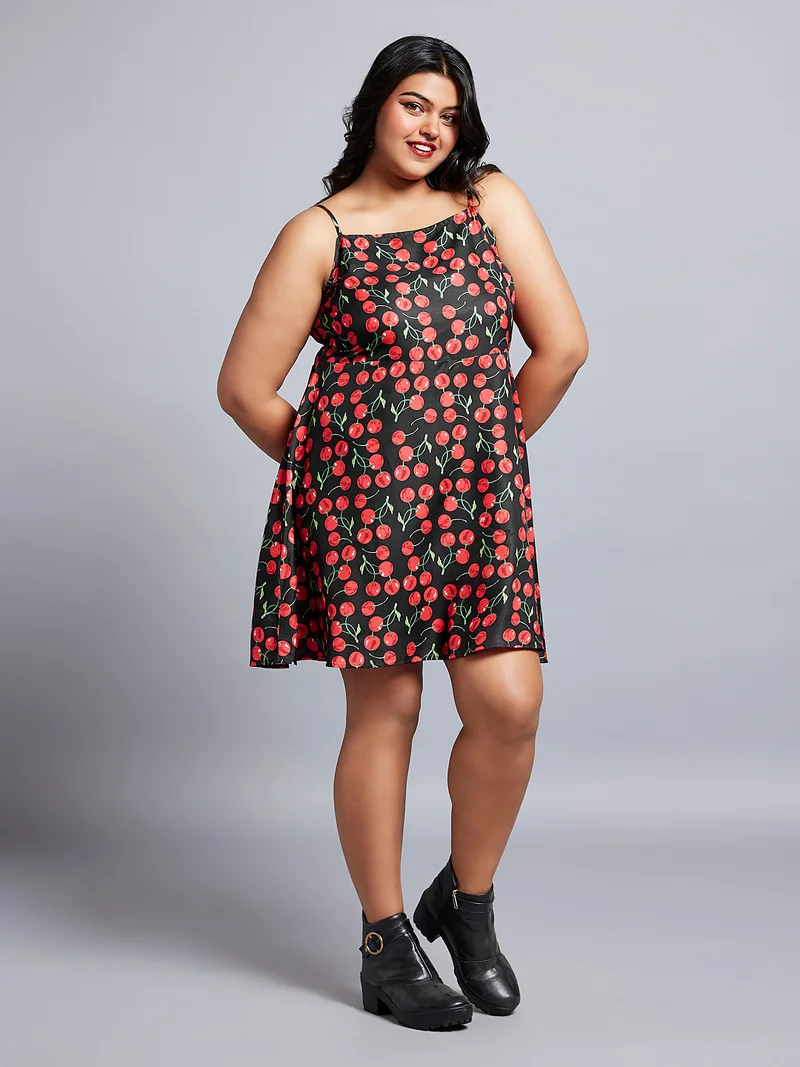 globus Gloplus Women Cherry Print Square Neck Strappy Sleeves A-Line Mini Plus Size Dress