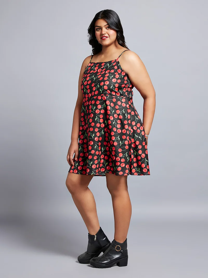 globus Gloplus Women Cherry Print Square Neck Strappy Sleeves A-Line Mini Plus Size Dress