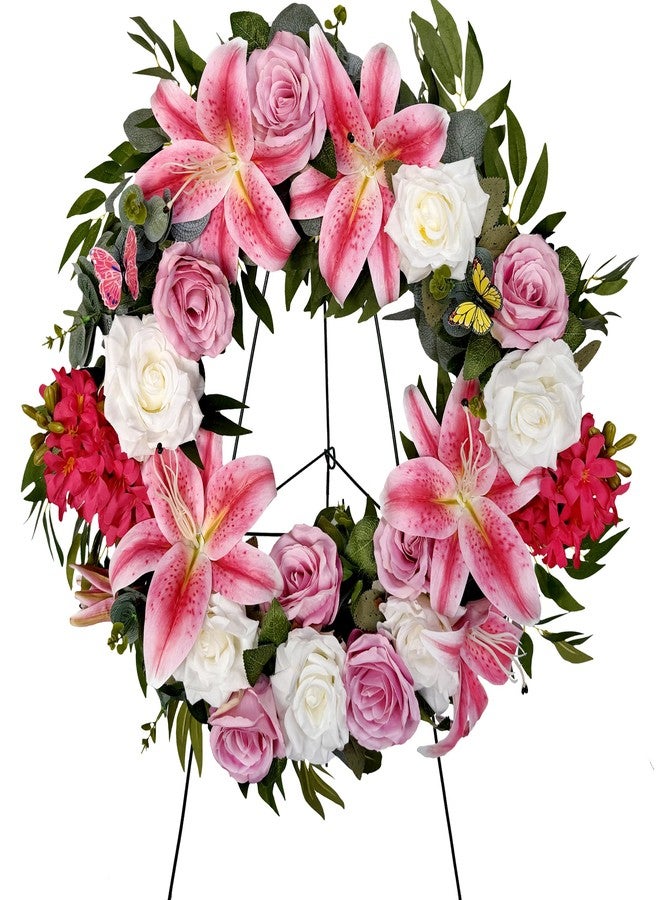 HENOMO Cemetery Wreaths Decoration - Headstone Wreaths with Pink Lily and White Rose for Graves on 30 inch Tall Easel Stand, Spring Wreath for Front Door Decoration - Image 1