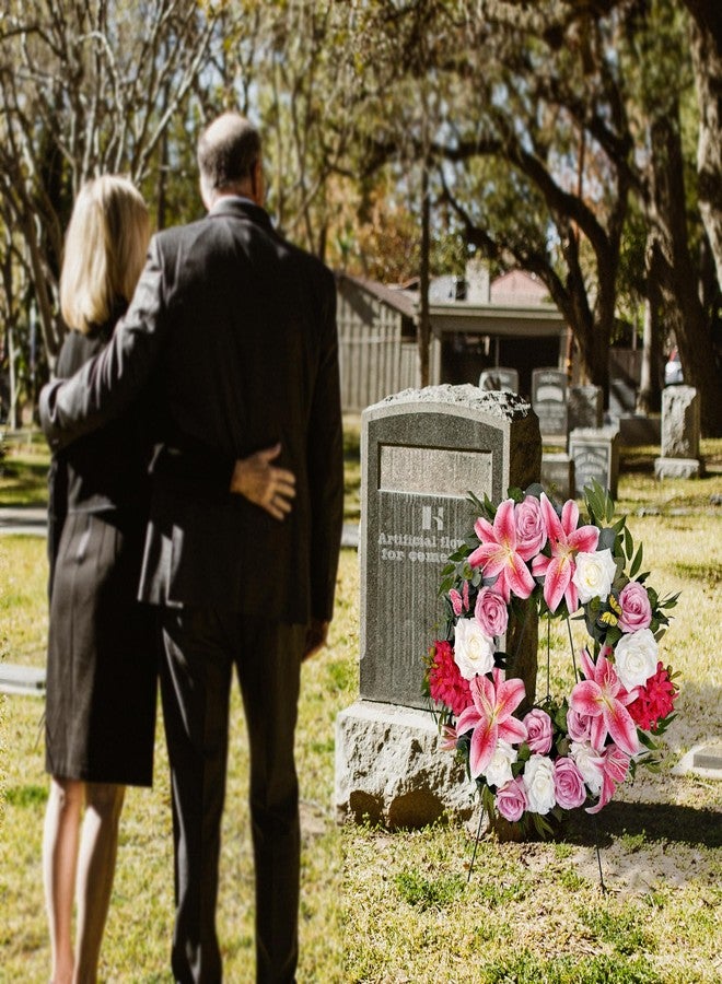 HENOMO Cemetery Wreaths Decoration - Headstone Wreaths with Pink Lily and White Rose for Graves on 30 inch Tall Easel Stand, Spring Wreath for Front Door Decoration - Image 2