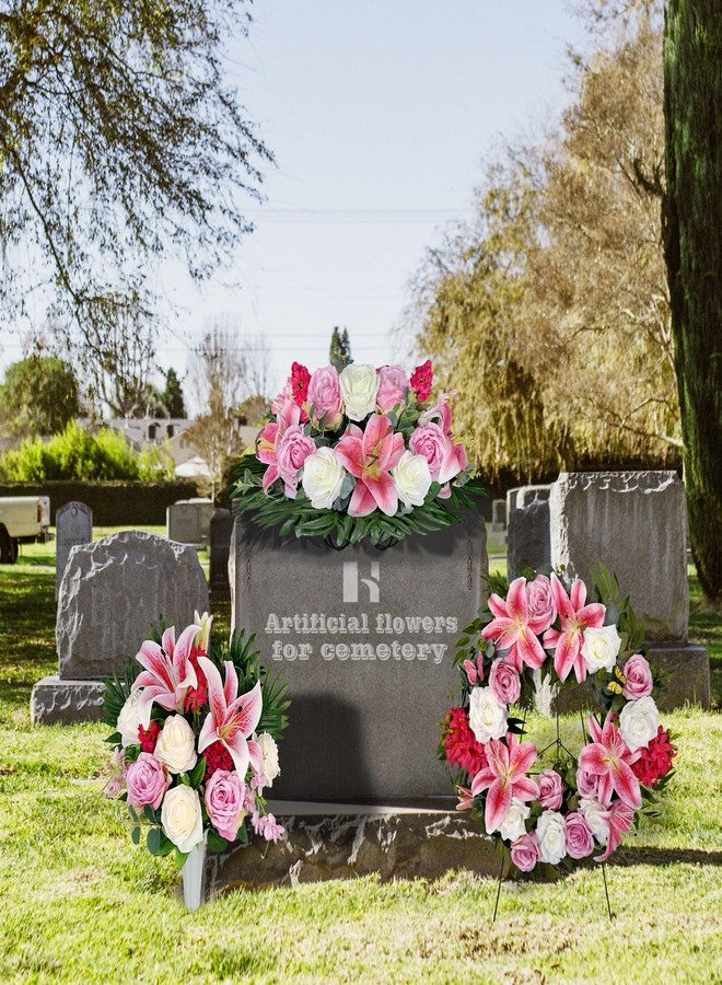 HENOMO Cemetery Wreaths Decoration - Headstone Wreaths with Pink Lily and White Rose for Graves on 30 inch Tall Easel Stand, Spring Wreath for Front Door Decoration - Image 3
