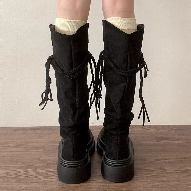 Thick-Soled Brown Maillard Boots For Women New Spring And Autum Western Cowboy Boots High Knight Boots Rubber - Image 4