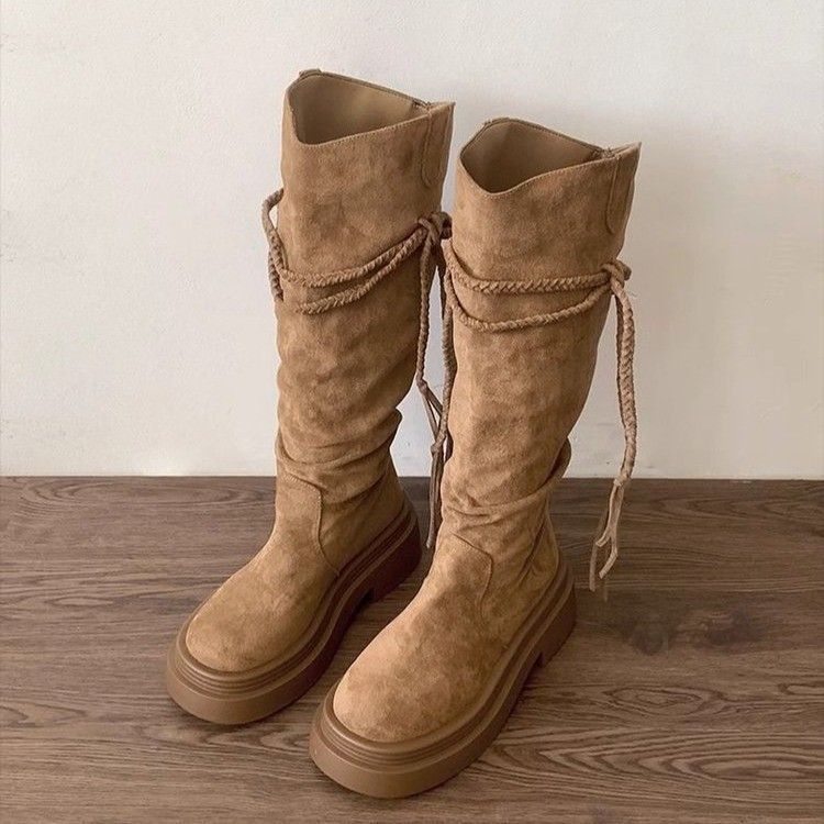 Thick-Soled Brown Maillard Boots For Women New Spring And Autum Western Cowboy Boots High Knight Boots Rubber - Image 5