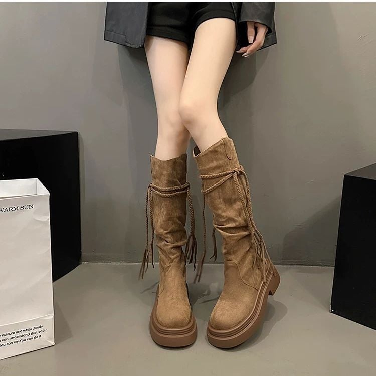 Thick-Soled Brown Maillard Boots For Women New Spring And Autum Western Cowboy Boots High Knight Boots Rubber - Image 3