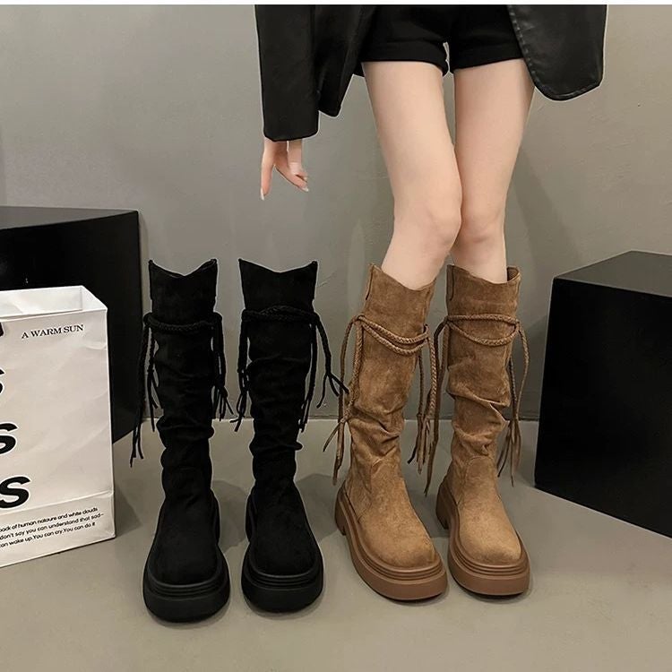 Thick-Soled Brown Maillard Boots For Women New Spring And Autum Western Cowboy Boots High Knight Boots Rubber - Image 2
