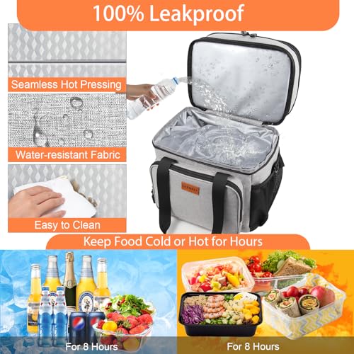 GLENKEY Double Deck Large Lunch Box, Insulated Heavy Duty Lunch Bag Waterproof Leakproof Durable Cooler Bag for Men Women Adults Work Picnic Camping Daytrip,16L,Grey, GLENKEY - Image 5