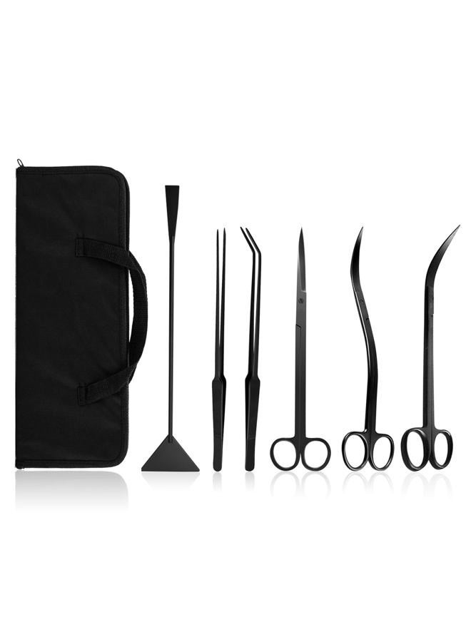 KnR Harmony Aquascaping Tools 7 in 1 Kit Aquarium Plant Scissors Tools Set Curved & Waved Scissor Tweezers Spatula Stainless Steel Anti Rust Tools for Aquascape Black - Image 1