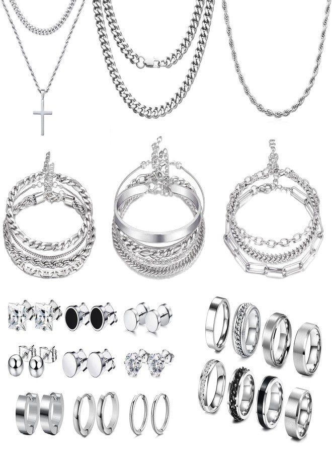 FEYIR 33 Pcs Jewelry Set for Men Stainless Steel Band Ring Cuban Link Necklace Bracelet Hoop Stud Earrings Mens Jewelry Set, One Size, Metal, Rhinestone - Image 1