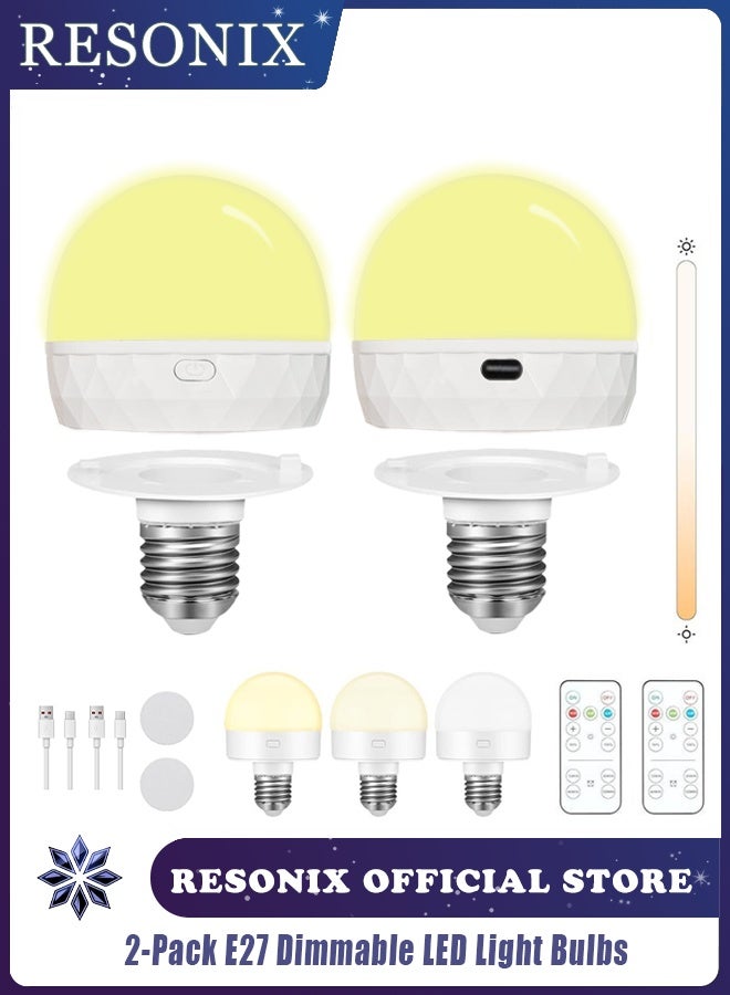 RESONIX 2-Pack E27 Dimmable LED Light Bulbs, Rechargeable with Remote Control, 3 Color Temperatures, Timer Function, Detachable Magnetic Battery-Operated Bulbs  - Image 1
