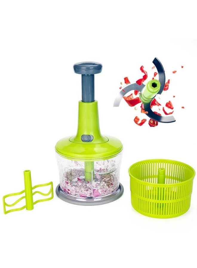 Manual Food Chopper and Hand Push Vegetable Chopper, Cutter, Mixer Set for Kitchen with 3 Stainless Steel Blade + Plastic Mixing Blade (Grey)(Pack of 1)
