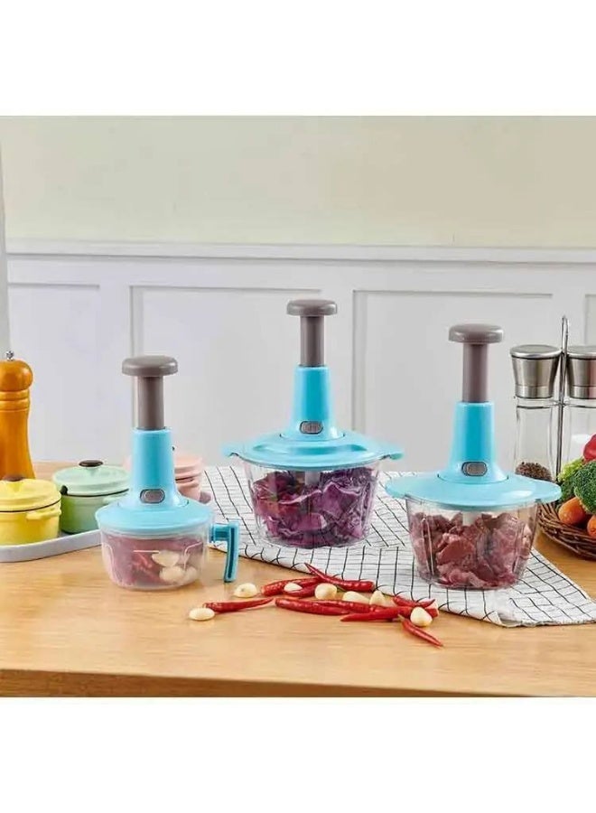 Manual Food Chopper and Hand Push Vegetable Chopper, Cutter, Mixer Set for Kitchen with 3 Stainless Steel Blade + Plastic Mixing Blade (Grey)(Pack of 1)