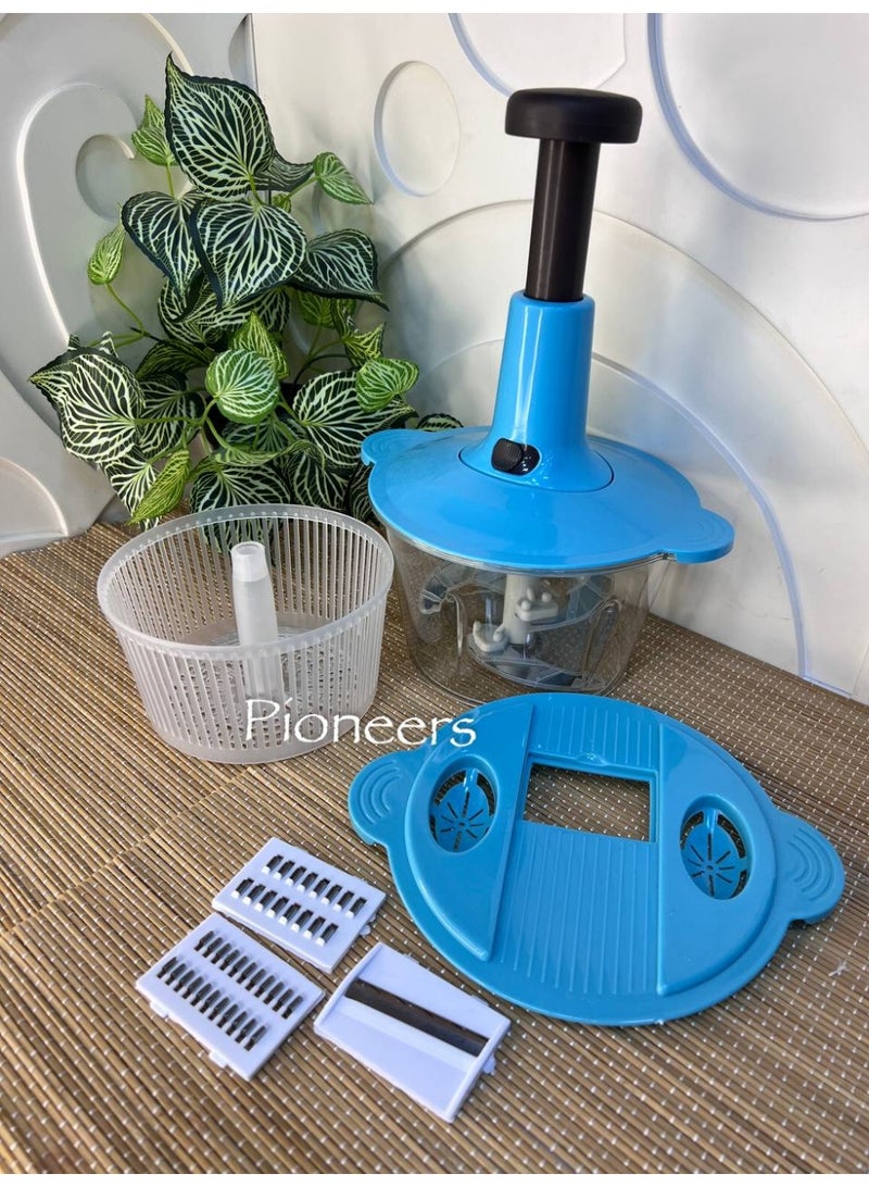 Manual Food Chopper and Hand Push Vegetable Chopper, Cutter, Mixer Set for Kitchen with 3 Stainless Steel Blade + Plastic Mixing Blade (Grey)(Pack of 1)
