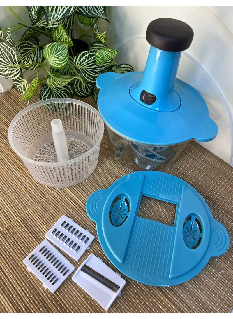 Manual Food Chopper and Hand Push Vegetable Chopper, Cutter, Mixer Set for Kitchen with 3 Stainless Steel Blade + Plastic Mixing Blade (Grey)(Pack of 1)